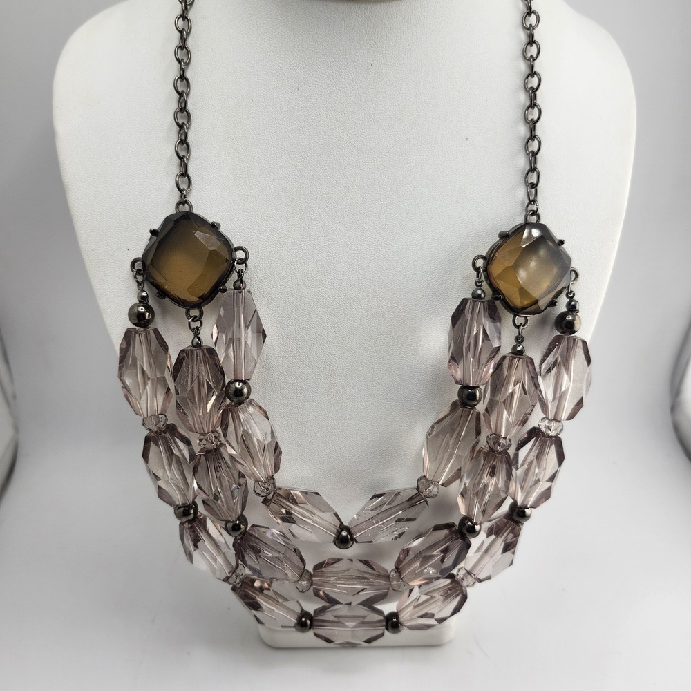 Chunky Gold Tone Bib Necklace 3 Tier Clear Faceted Crystal Look and Gold‎ Beads